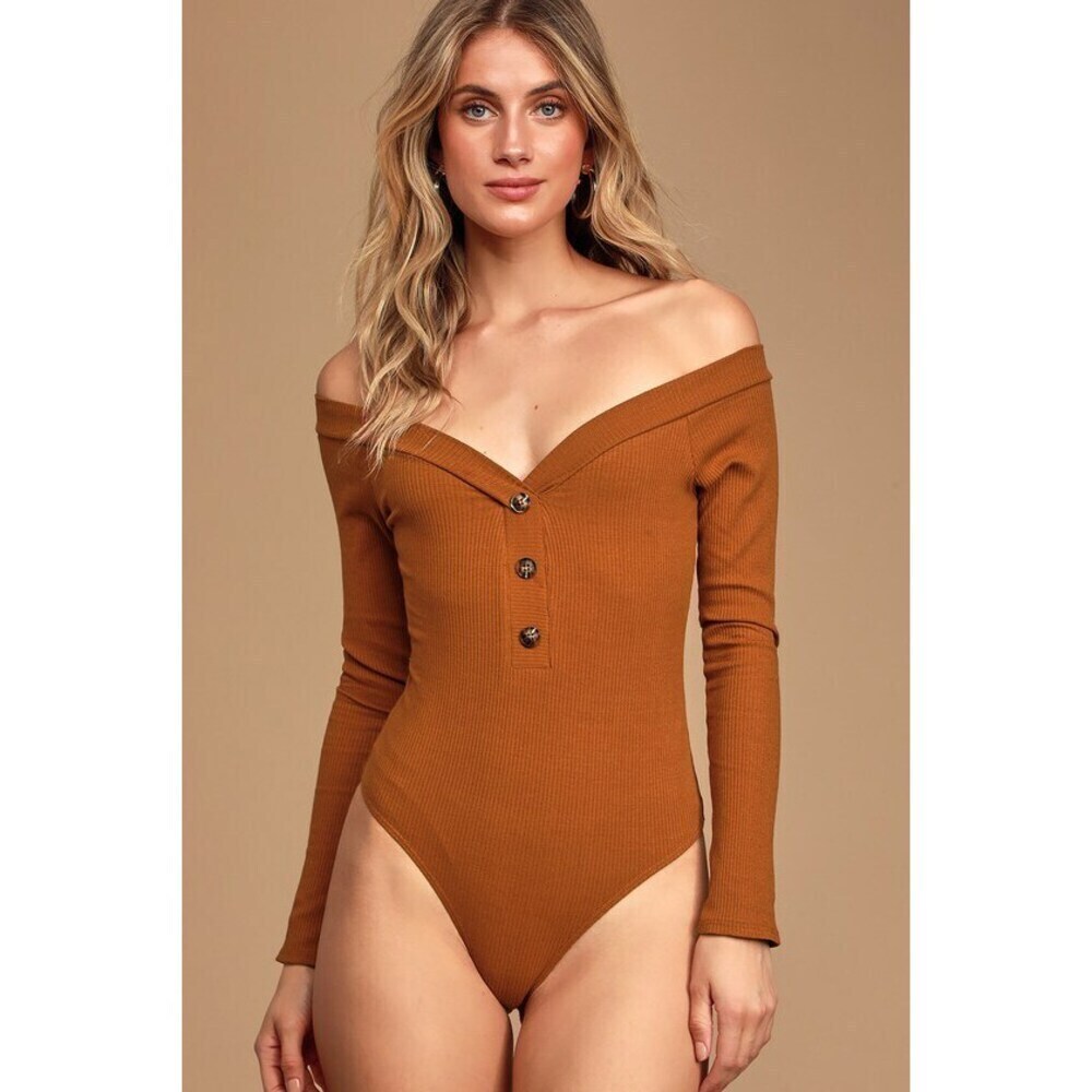 LULUS Lilyth Off The Shoulder Ribbed Bodysuit In Rust Size S - Picture 9 of 13